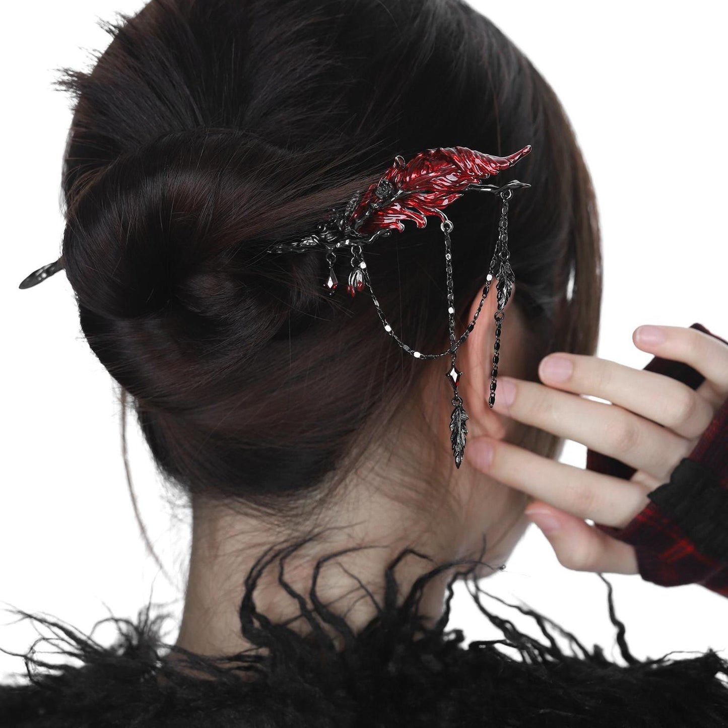 Crimson Feather Dangle Hair Stick
