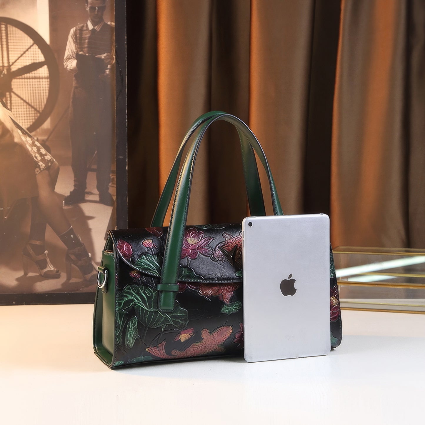 Embossed Koi Floral Green Handle Bag
