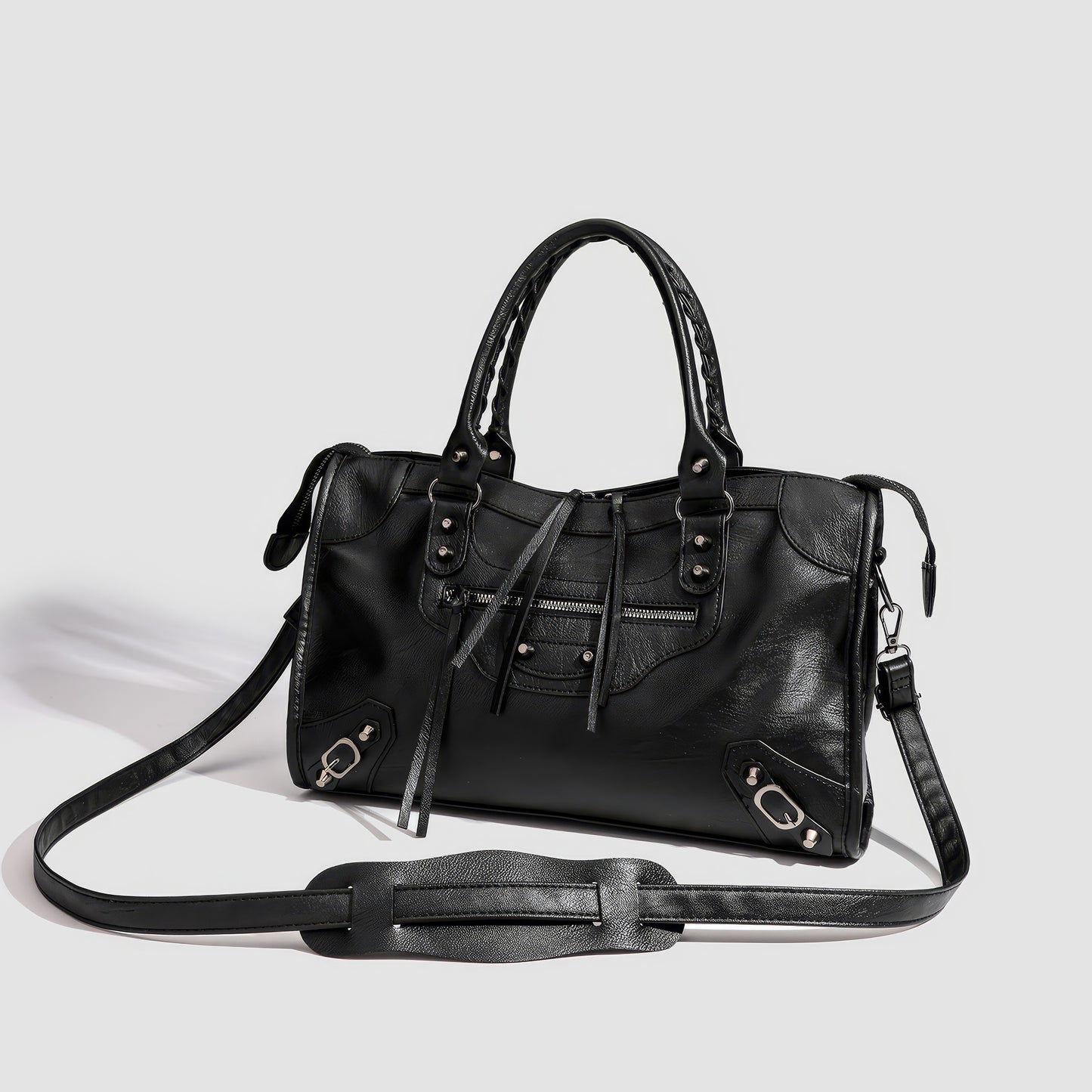 Textured Zip Accent Black Shoulder Bag