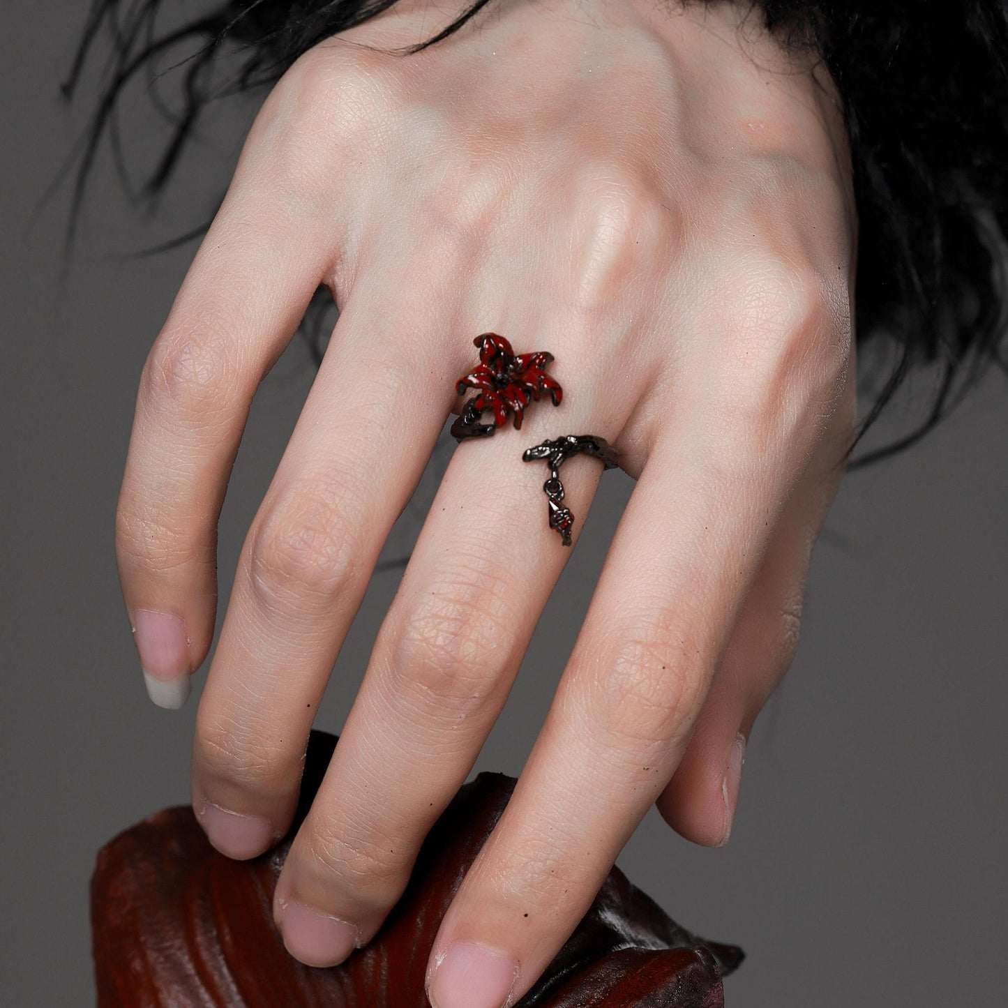 Red Lily Chain Detail Open Ring