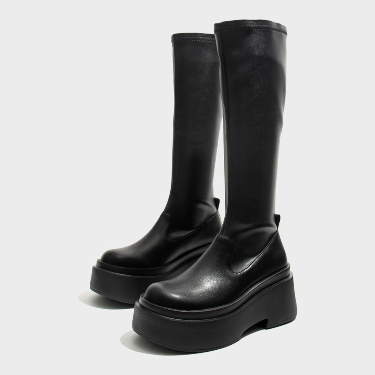 Black Stretch Platform Knee Boots