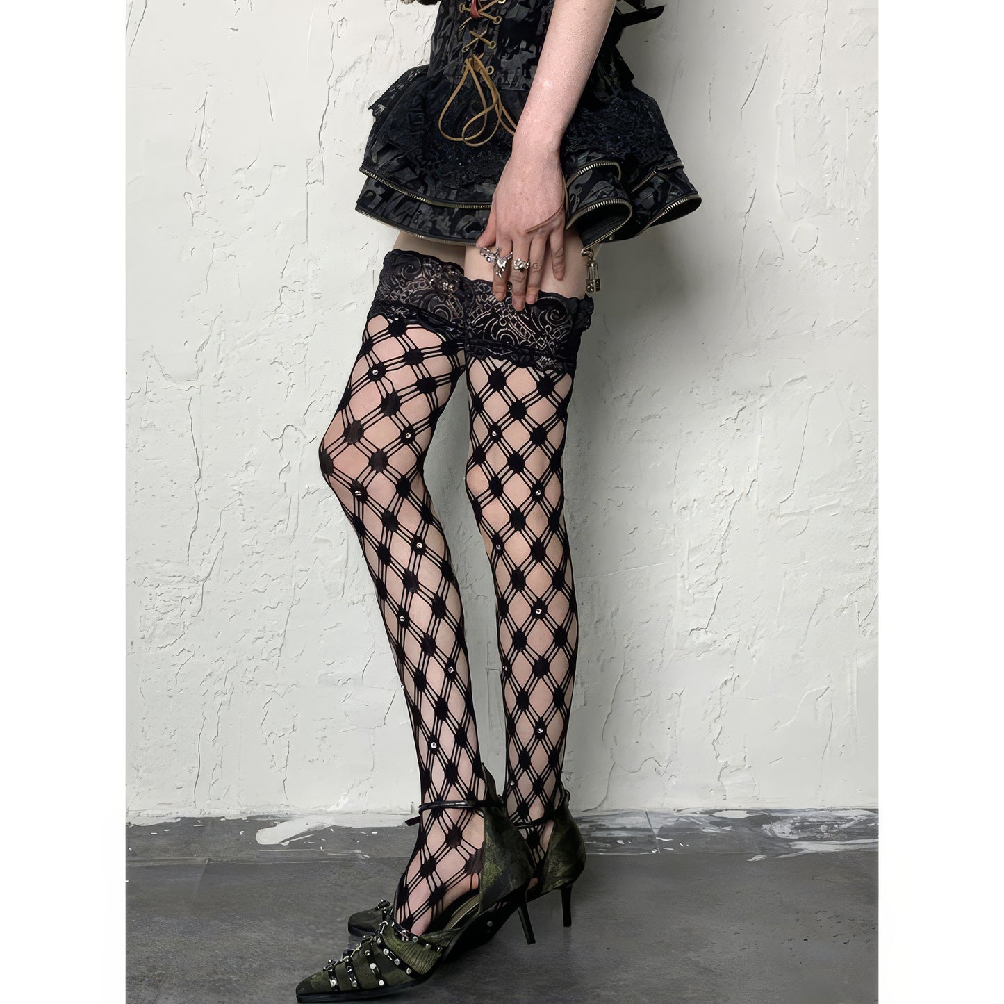 Lace Top Diamond Net Thigh-High Stockings