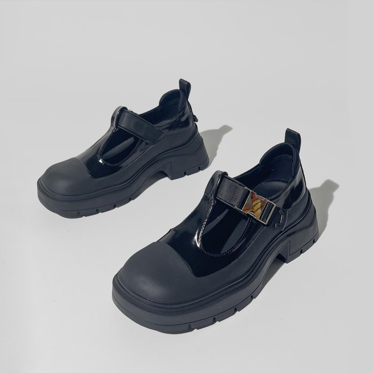 Black Patent Chunky T-Strap Shoes