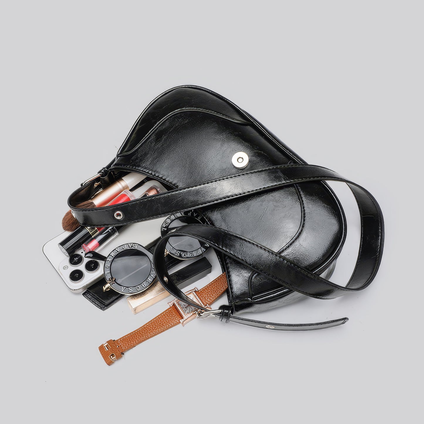 Glossy Buckle Detail Crescent Bag