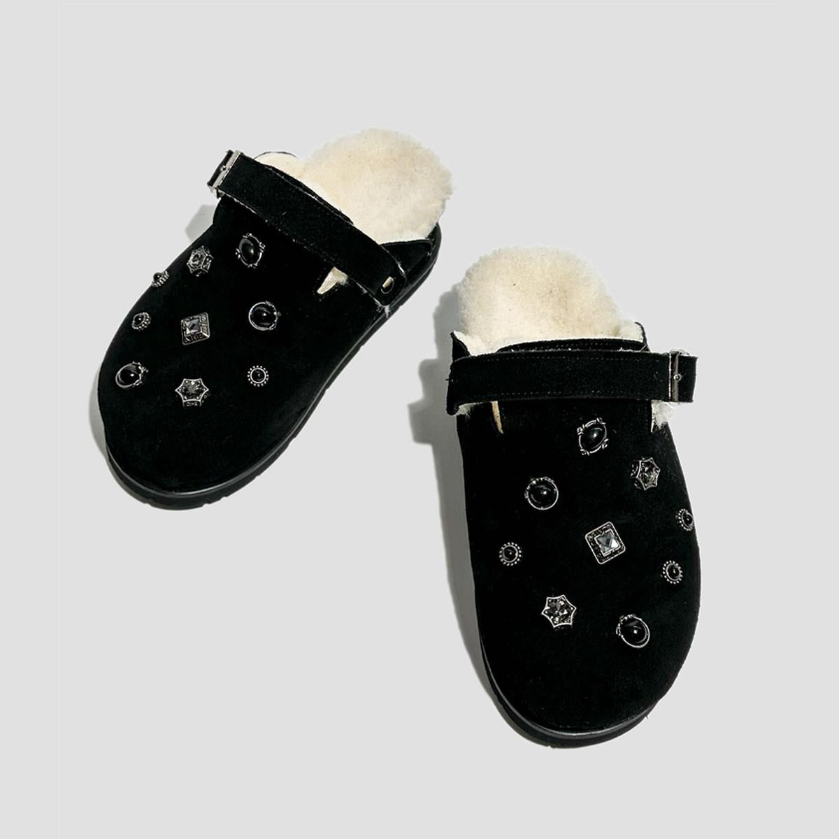 Black Studded Fur-Lined Buckle Clogs