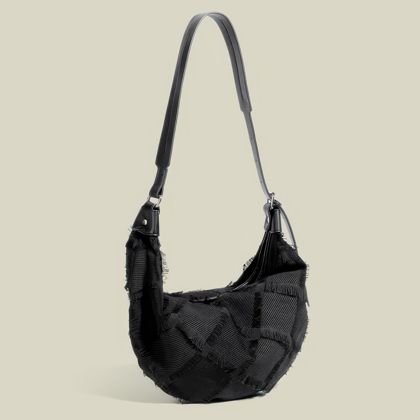 Frayed Patchwork Hobo Bag with Mini Pouch