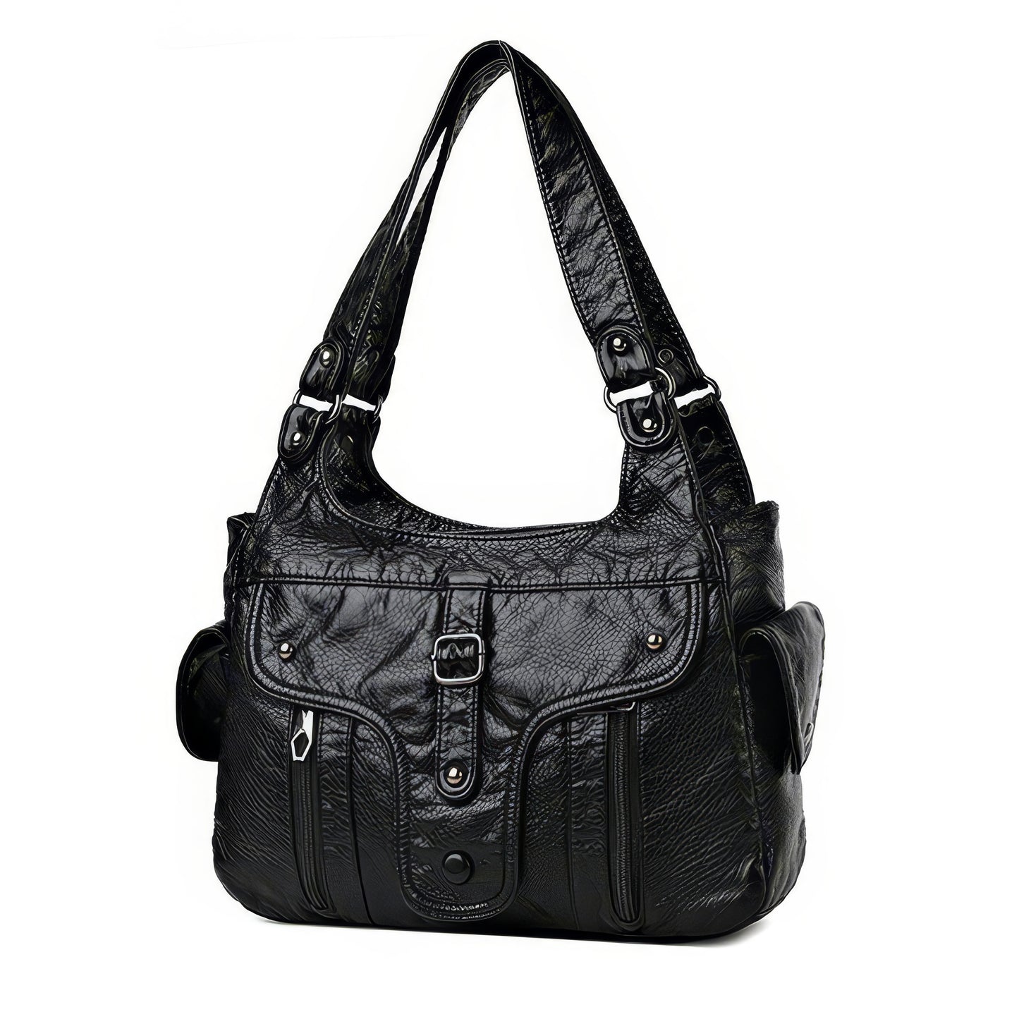 Multi-Zip Textured Faux Leather Shoulder Bag