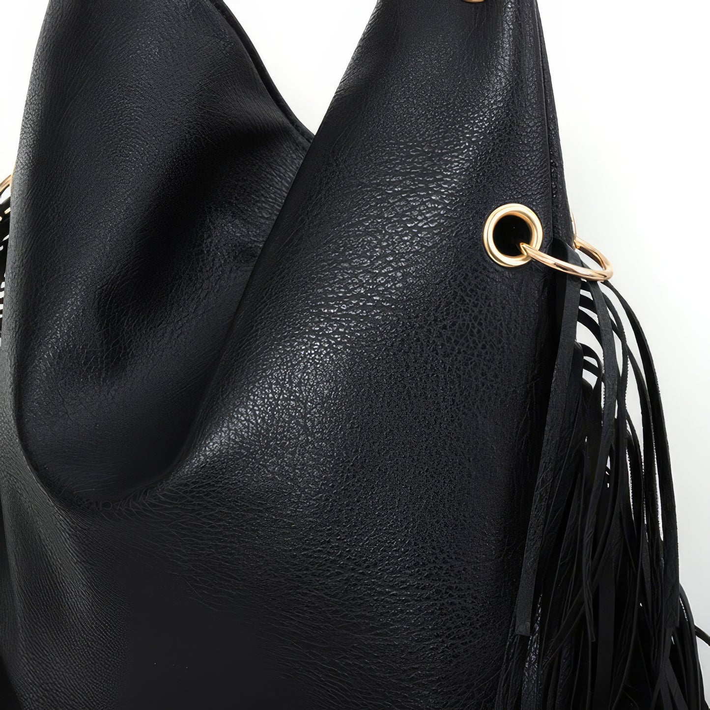 Fringe Studded Black Hobo Shoulder Bag