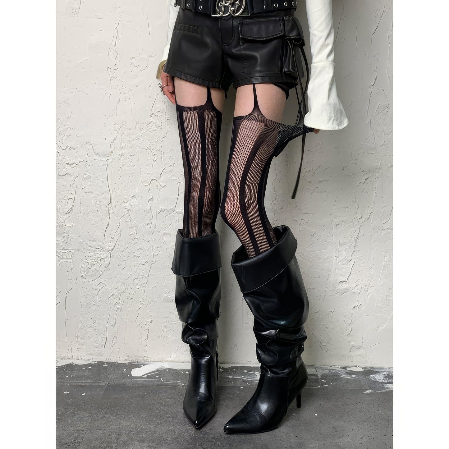 Vertical Mesh Stripe Garter Tights