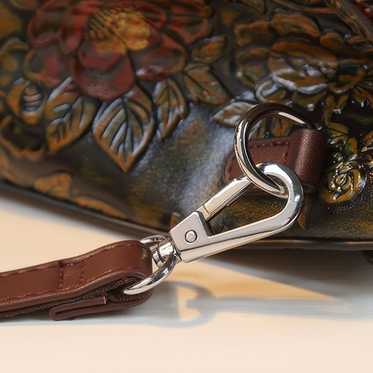 Embossed Vintage Floral Brown Handle Bag