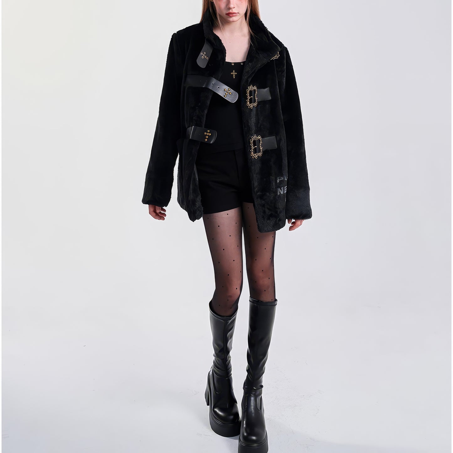 Faux Fur Buckle Strap Oversized Coat