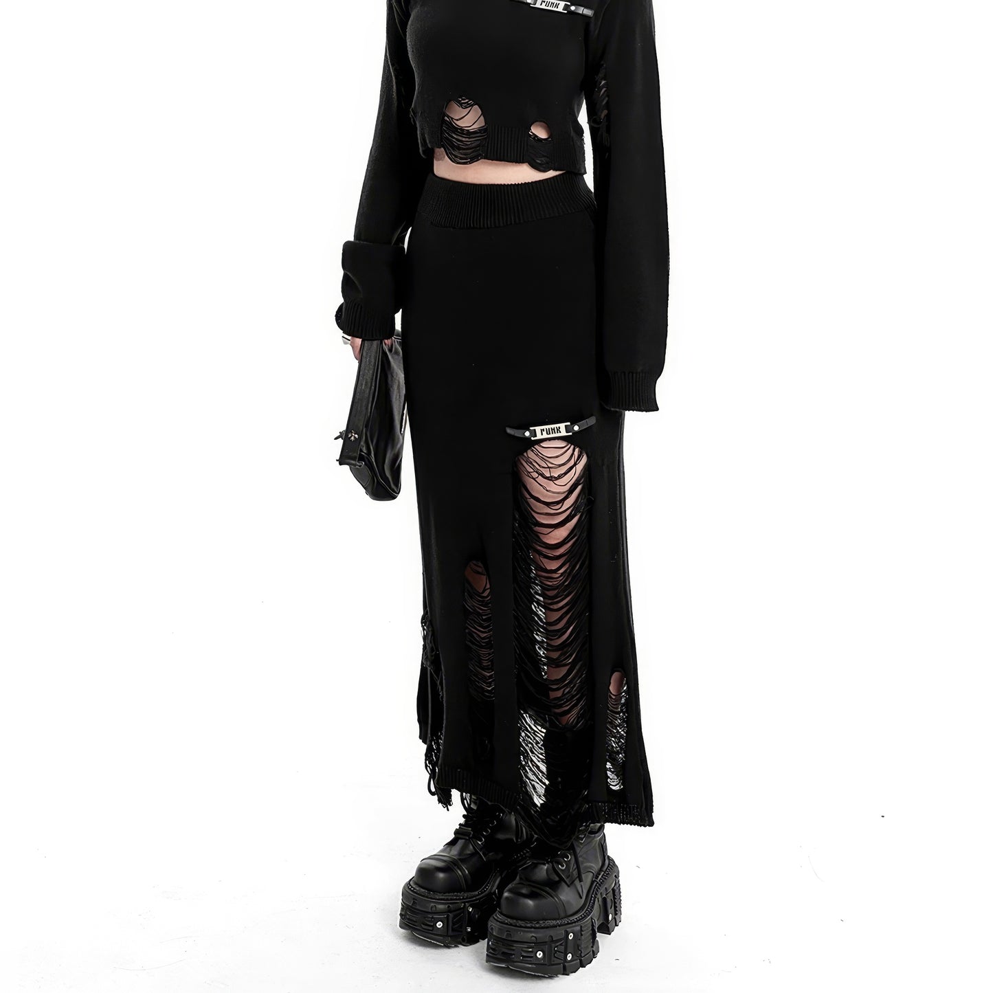 Distressed Knit Long Skirt