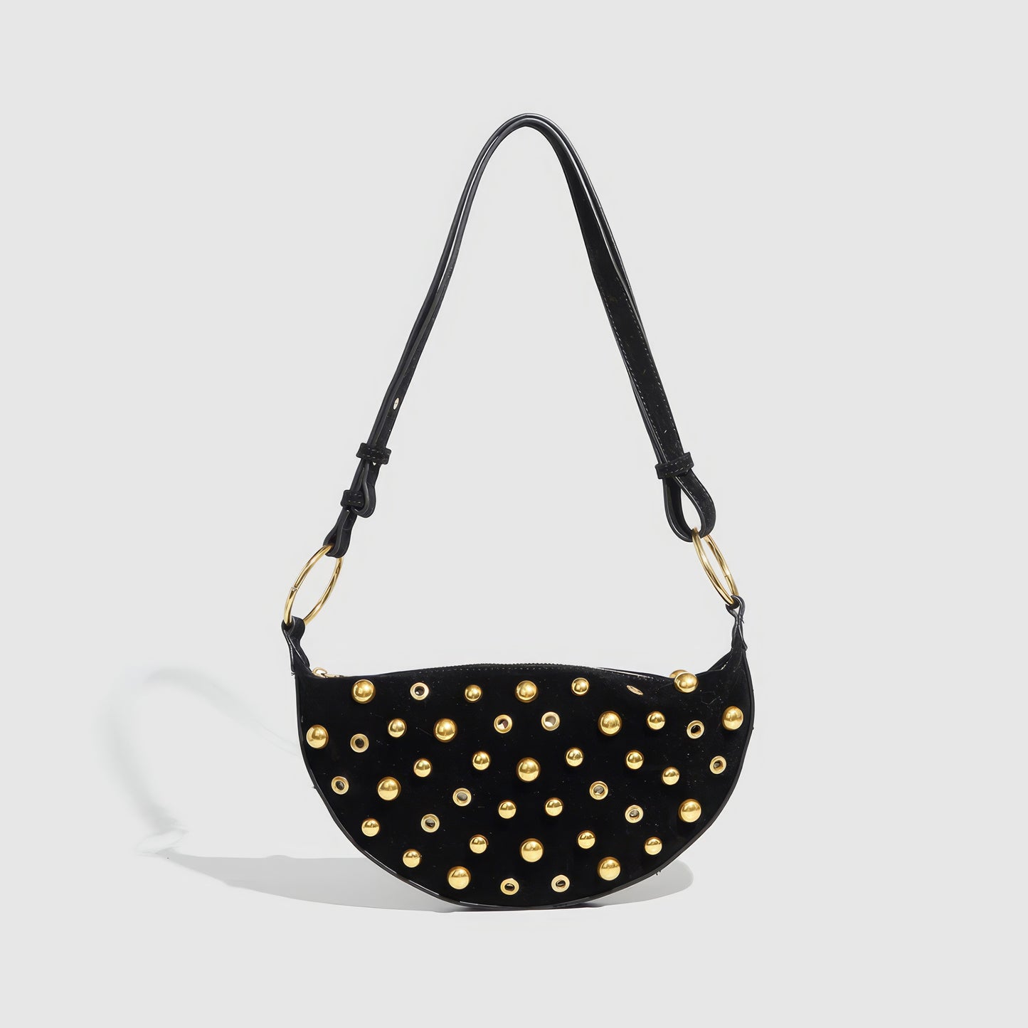 Studded Velvet Half Moon Shoulder Bag