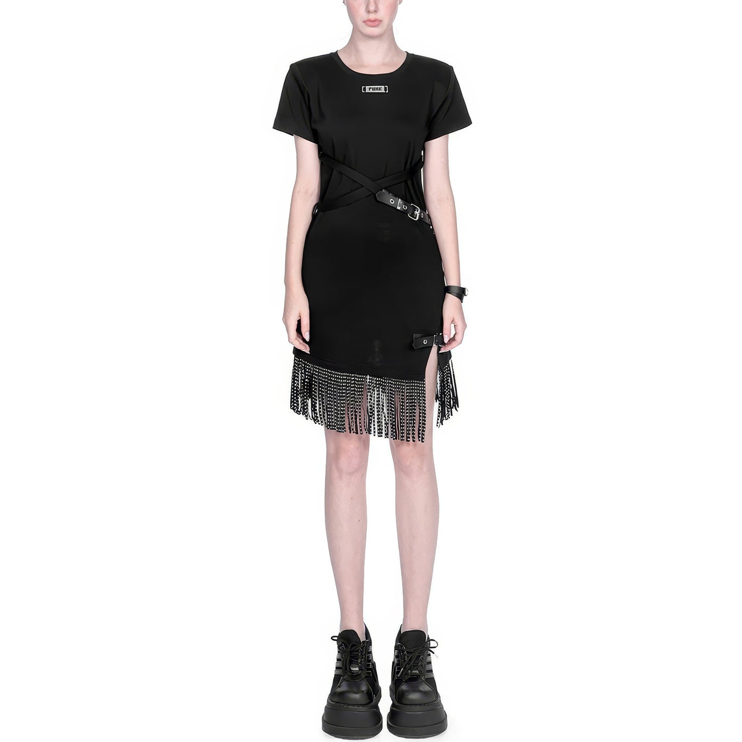 Buckle Strap Asymmetrical Fringe Dress