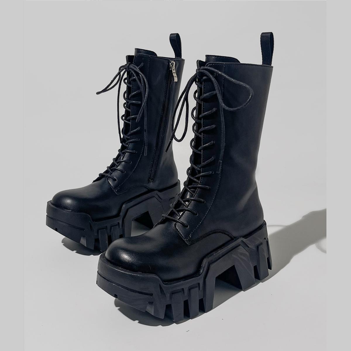 Black Geometric Sole Combat Boots