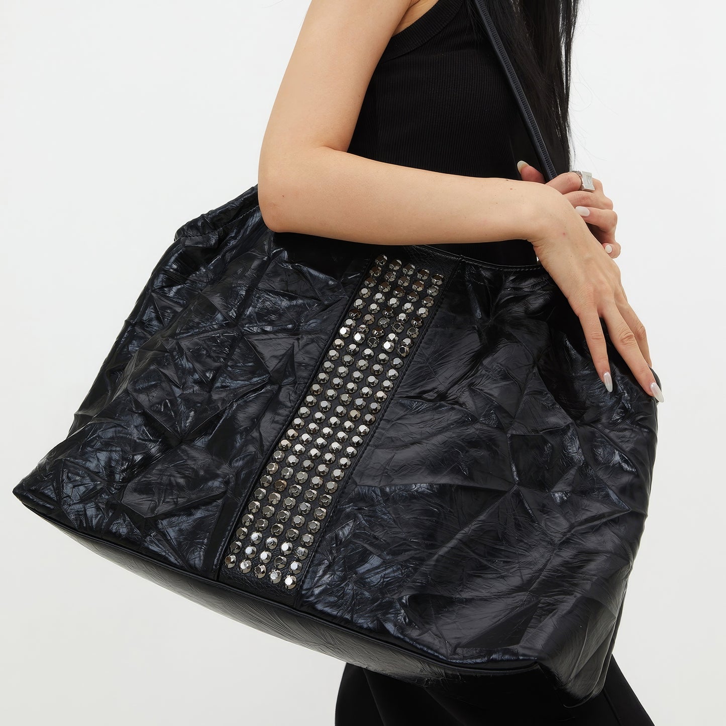 Crinkled Patent Studded Shoulder Bag