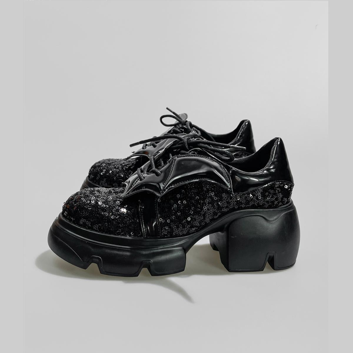 Black Sequin Bat Wing Platform Shoes