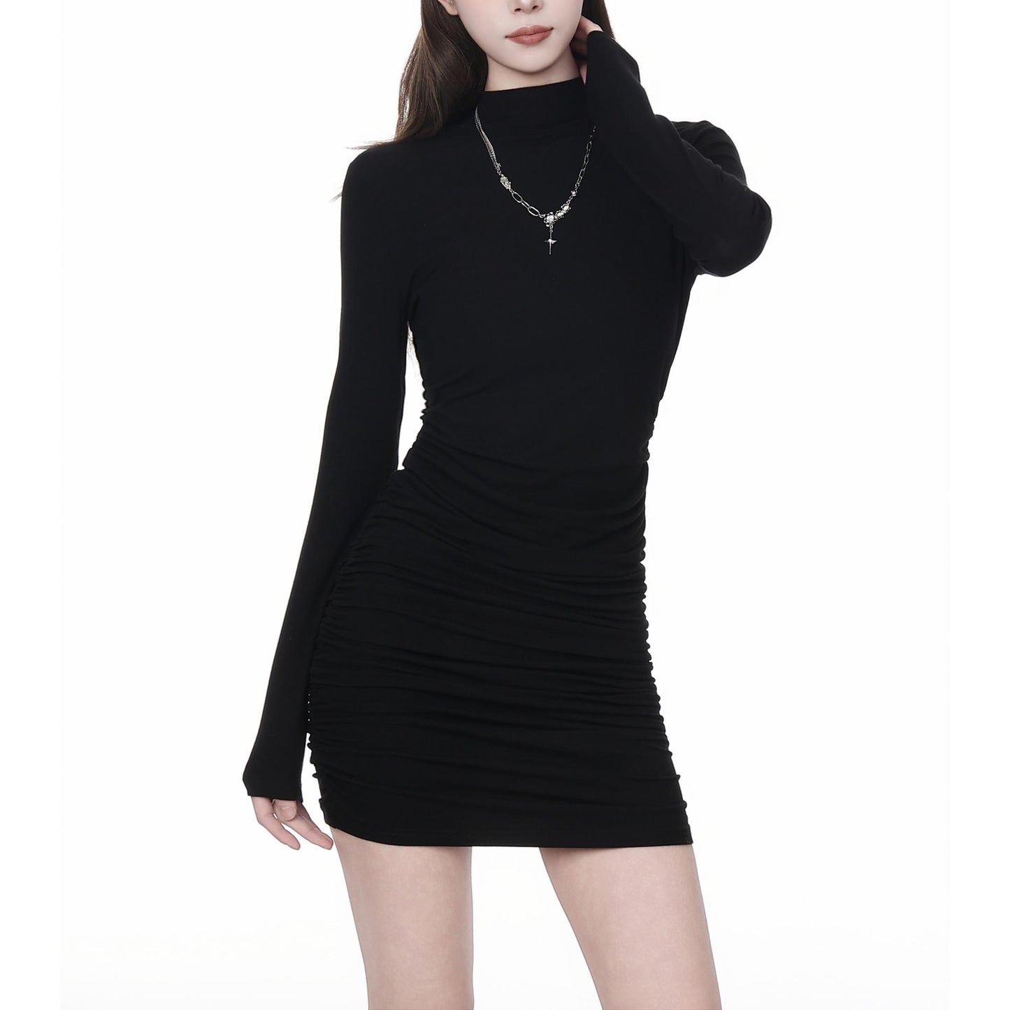 High Neck Ruched Bodycon Mini Dress