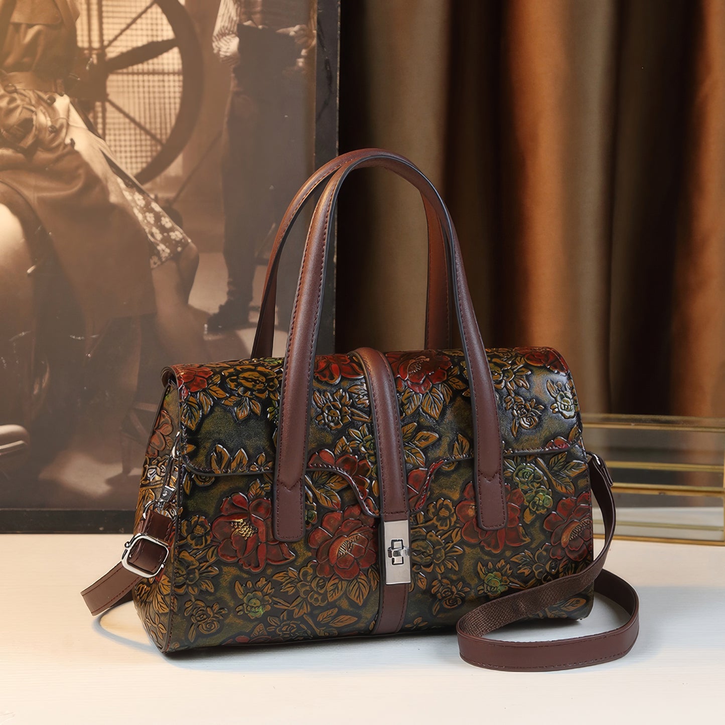 Embossed Vintage Floral Brown Handle Bag