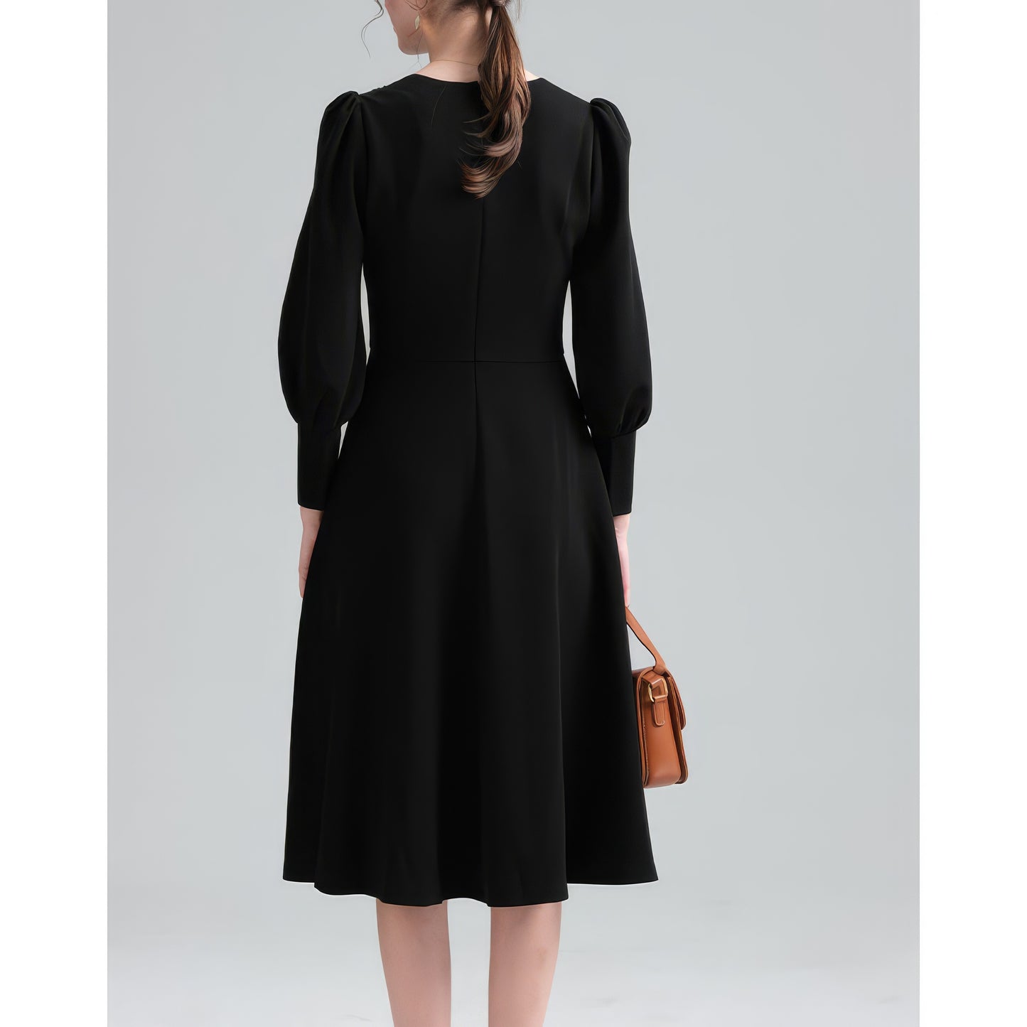 Sheer Yoke Puff Sleeve Black Dress