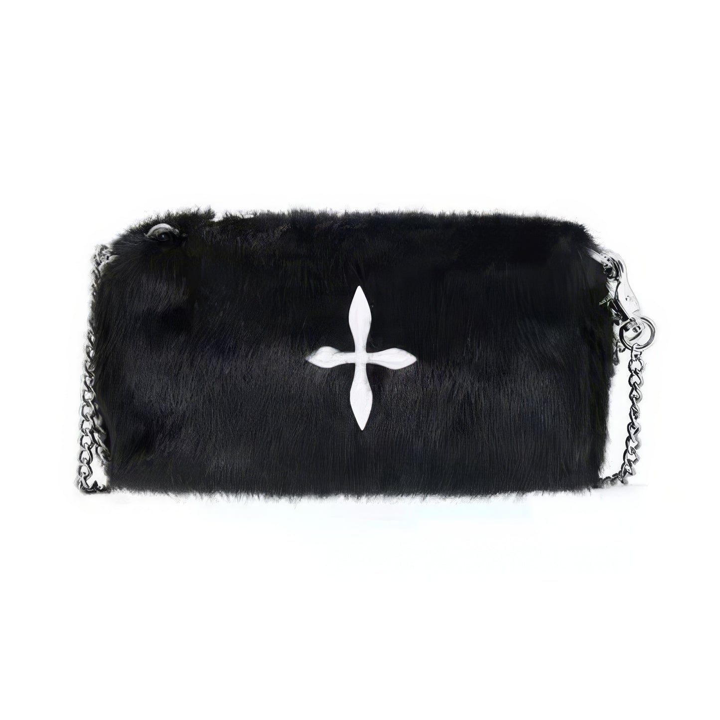 Faux Fur Cross Emblem Chain Shoulder Bag