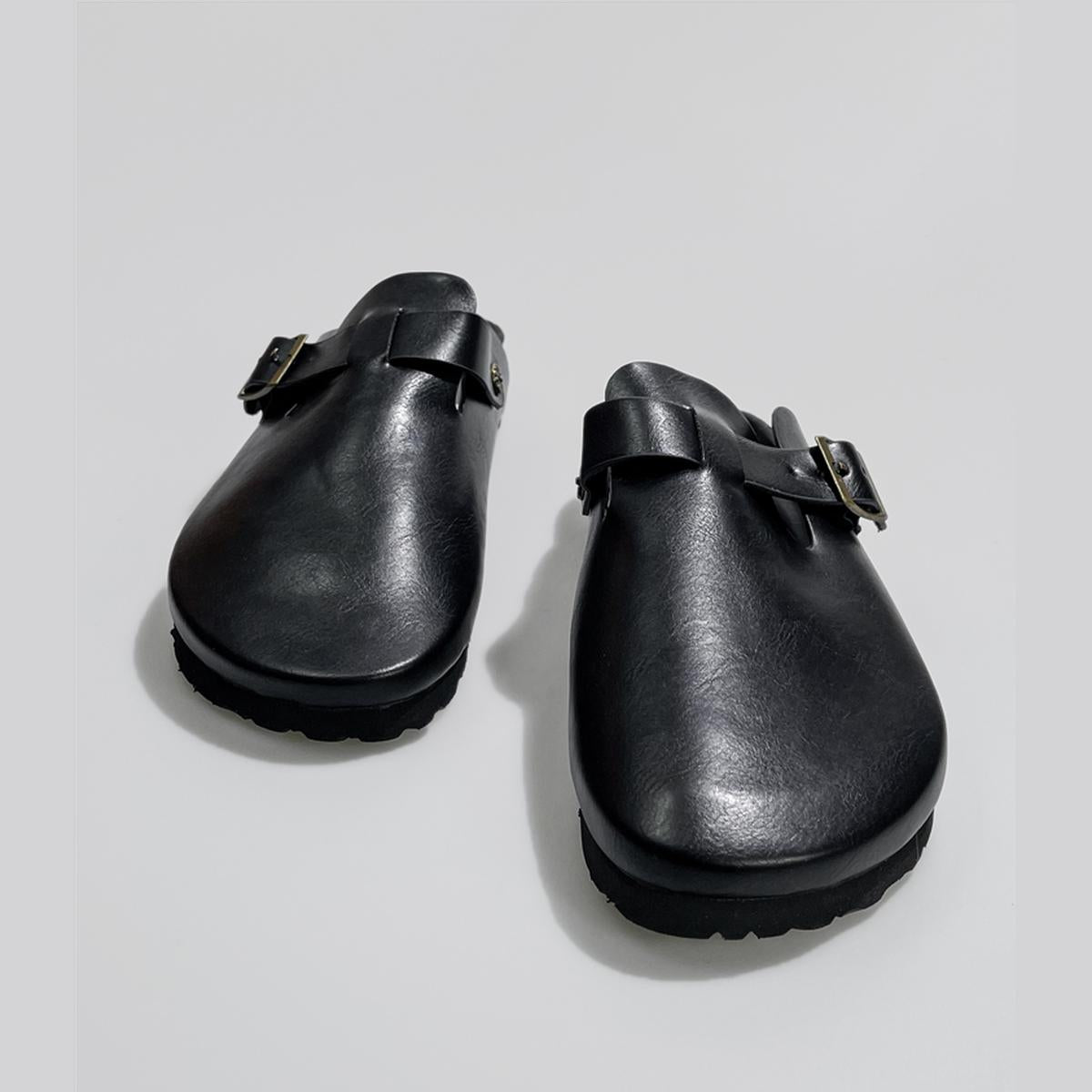 Black Buckle Leather Clogs