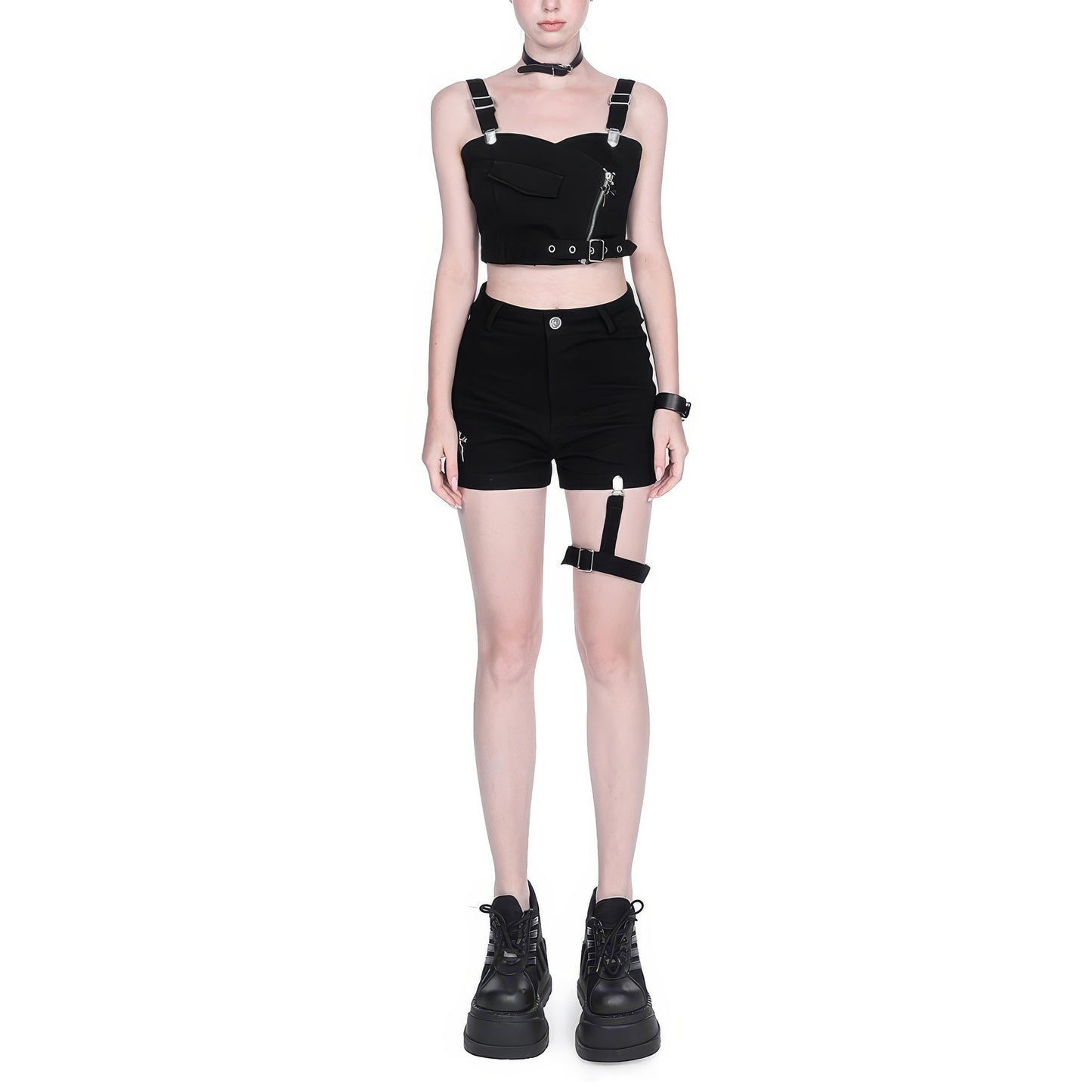 Belted Zipper Strap Crop Top