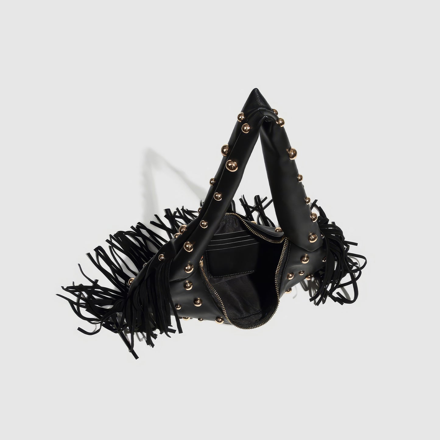 Fringed Studded Crescent Shoulder Bag