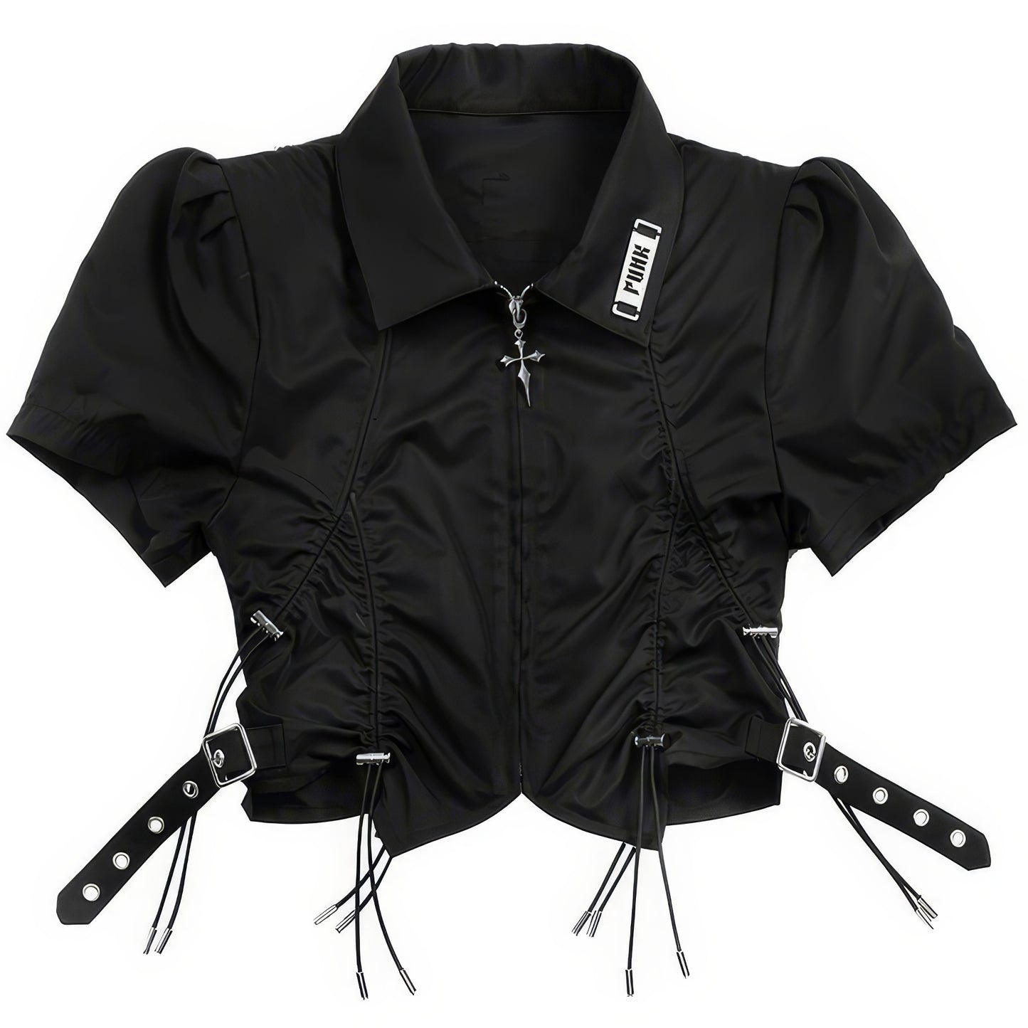 Buckle Strap Drawstring Puff Sleeve Top