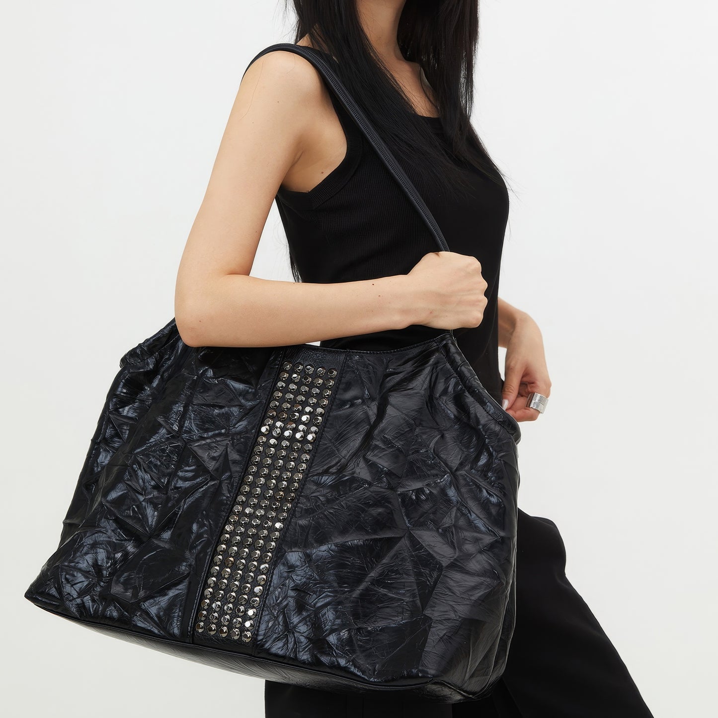 Crinkled Patent Studded Shoulder Bag