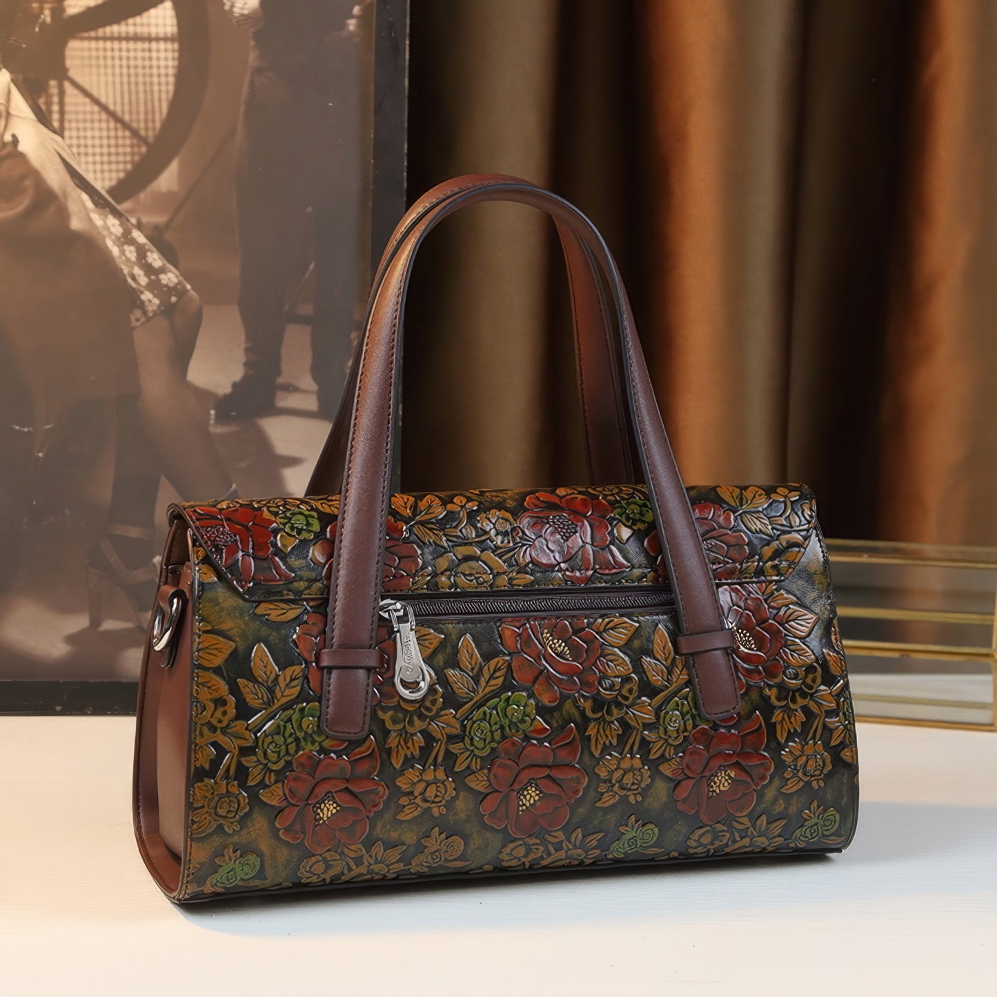 Embossed Burgundy Floral Flap Handle Bag