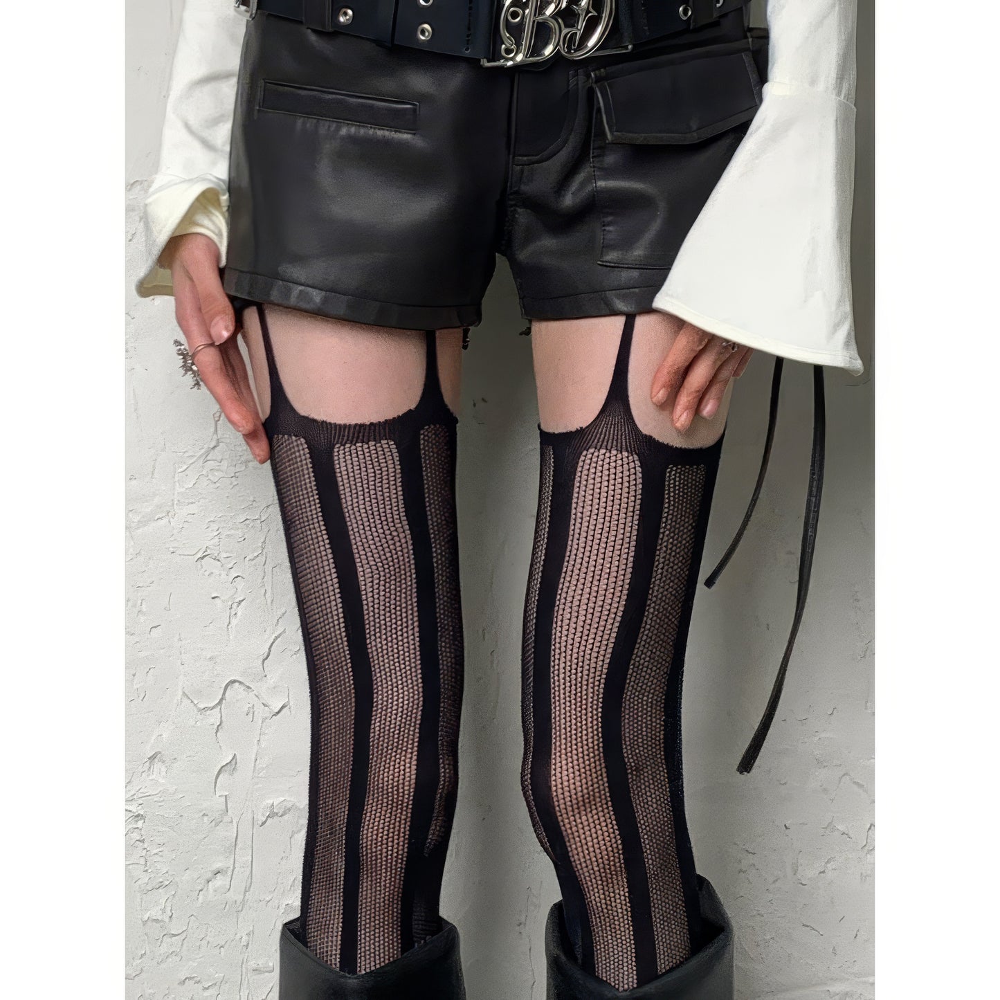 Vertical Mesh Stripe Garter Tights