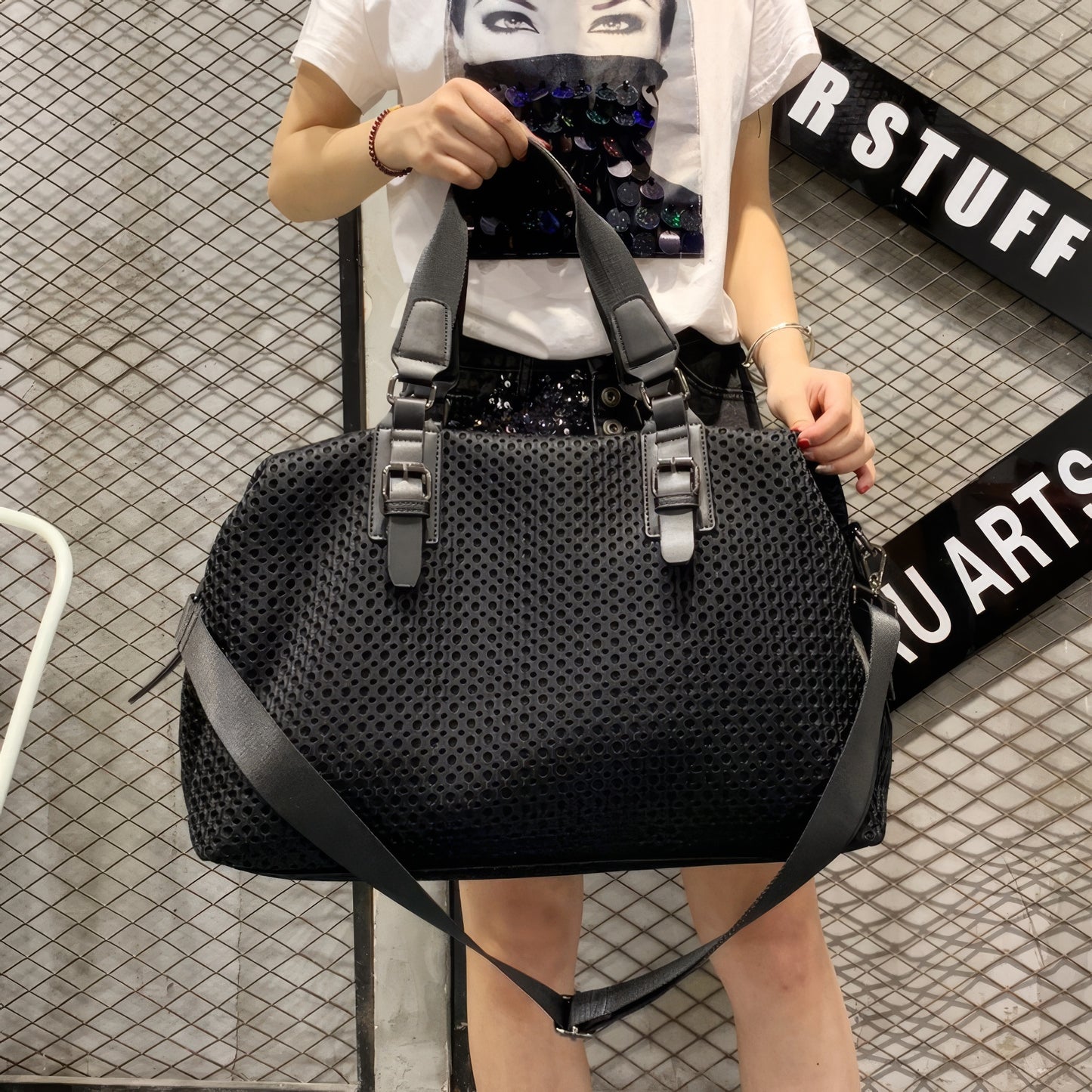 Mesh Panel Dual Strap Travel Duffel Bag