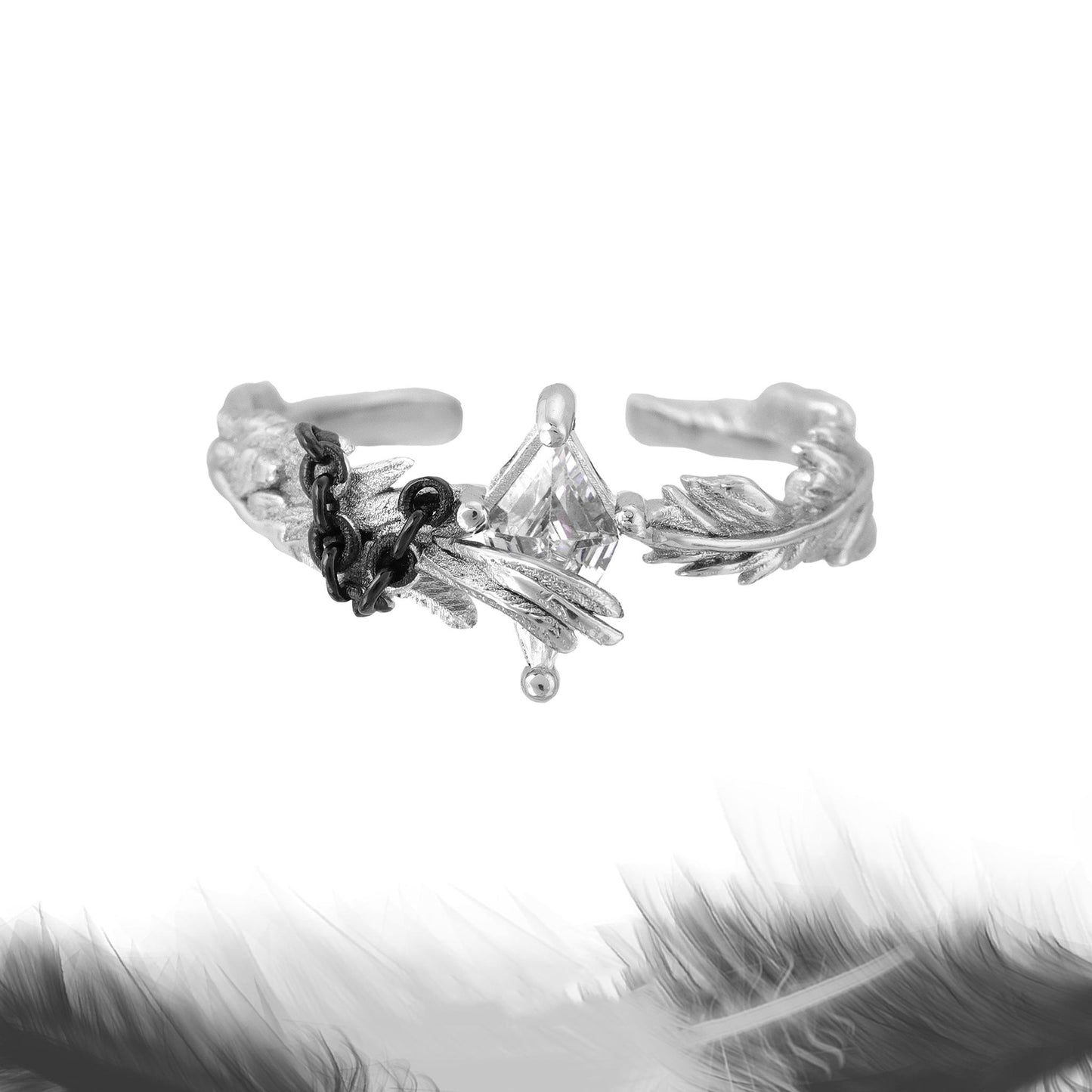 Feather Chain Open Ring with Crystal Gem
