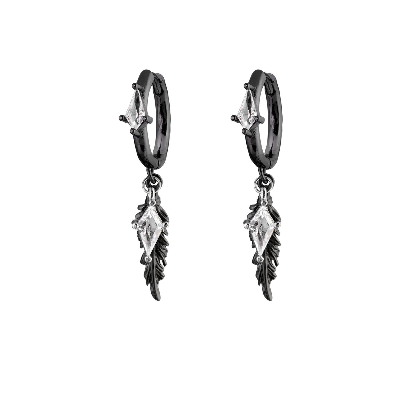 Diamond Charm Feather Drop Earrings