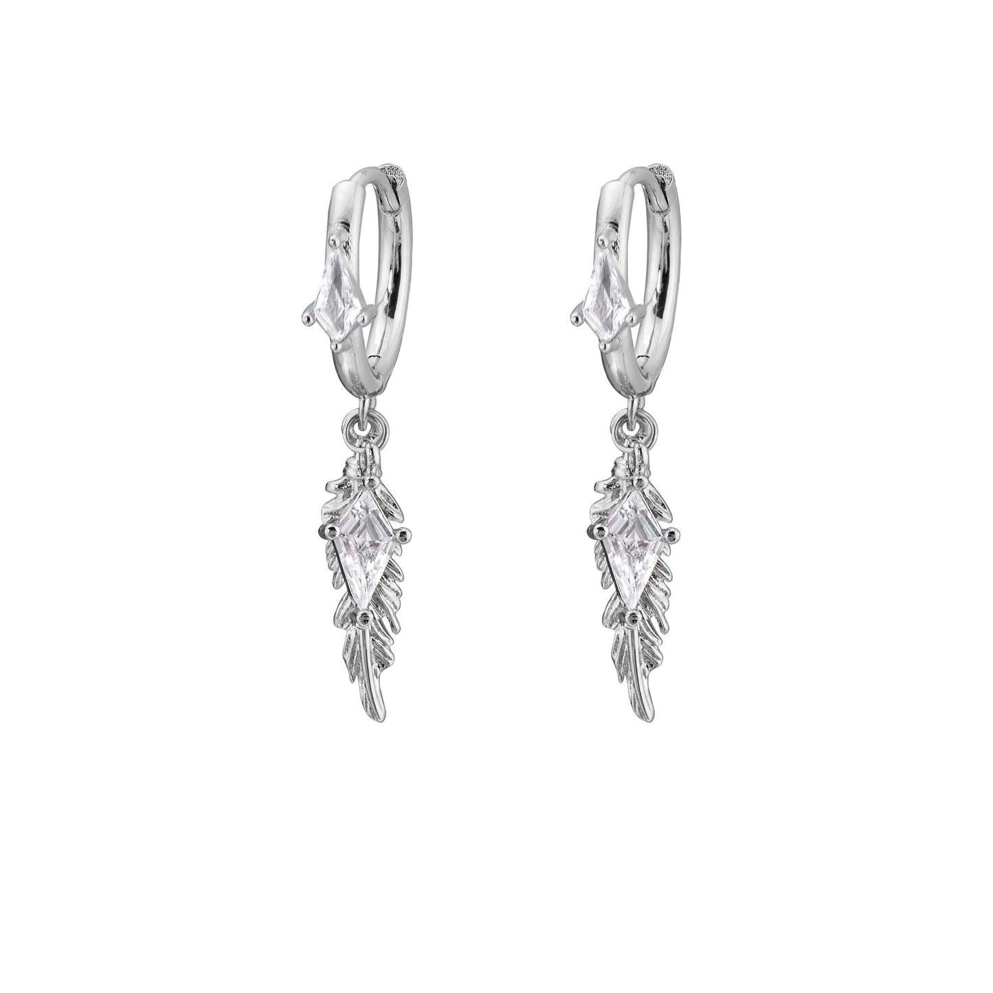 Diamond Charm Feather Drop Earrings