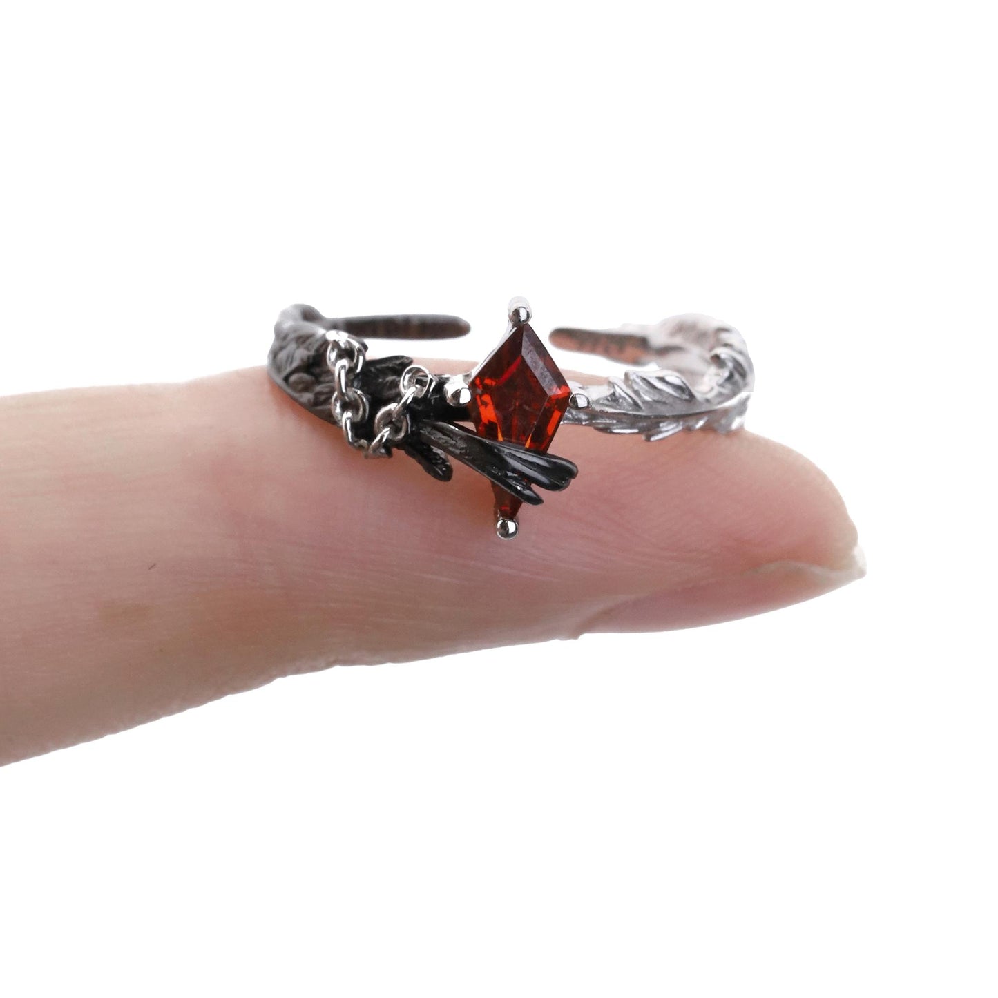 Feather Chain Open Ring with Crystal Gem