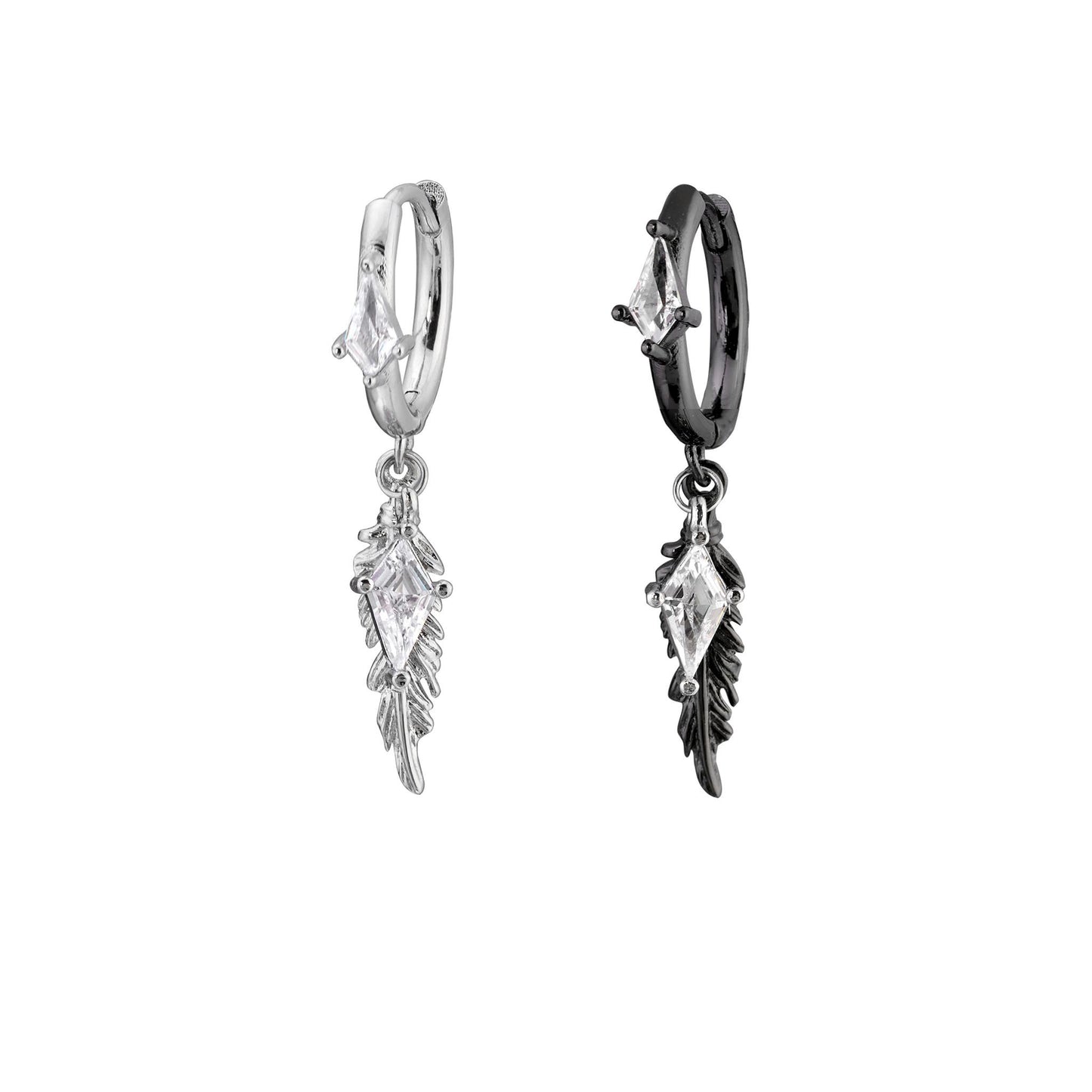 Diamond Charm Feather Drop Earrings