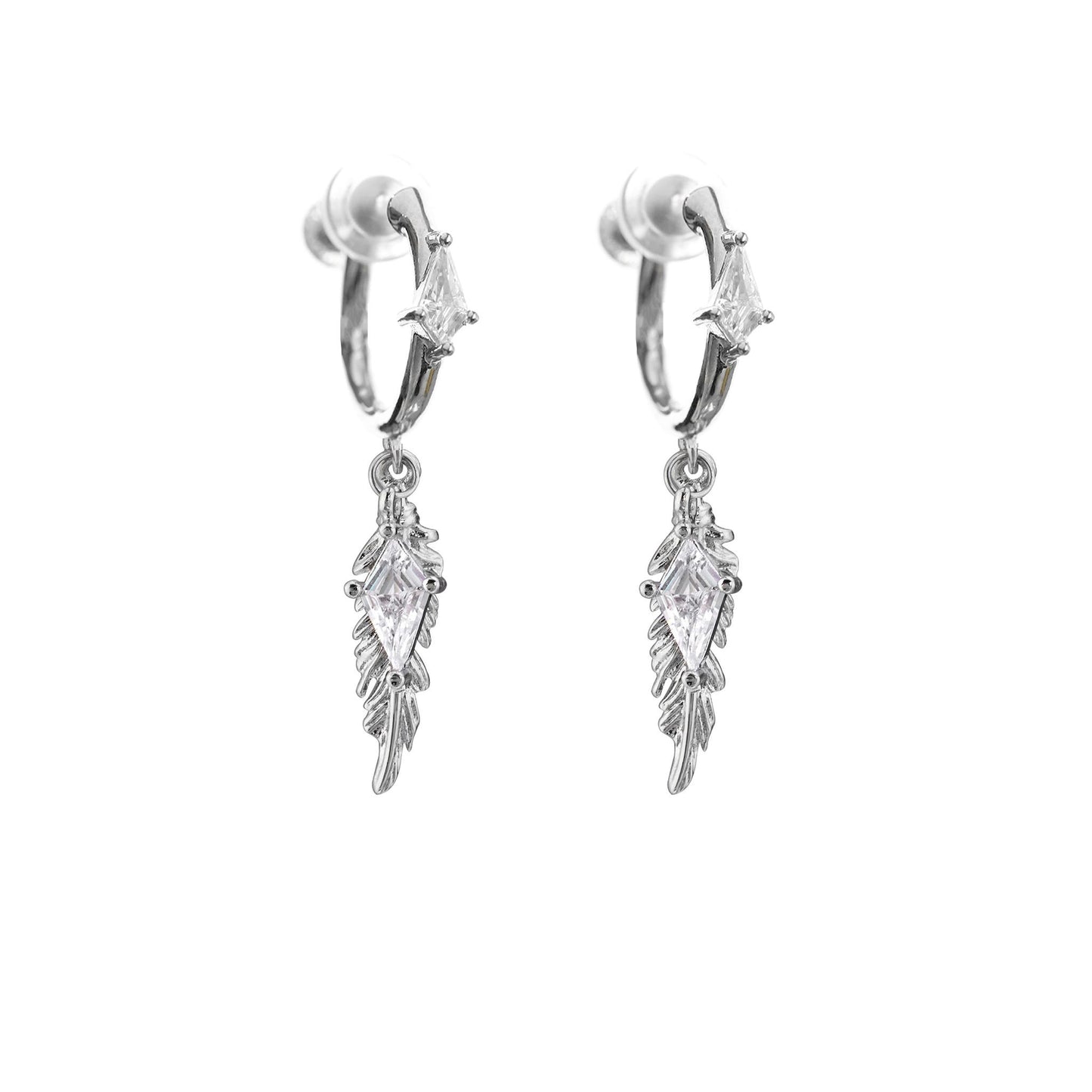 Diamond Charm Feather Drop Earrings