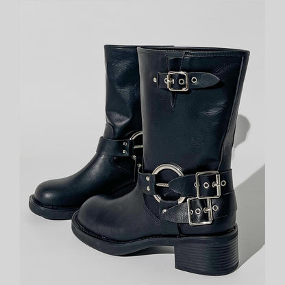 Black Buckle Harness Mid-Calf Boots