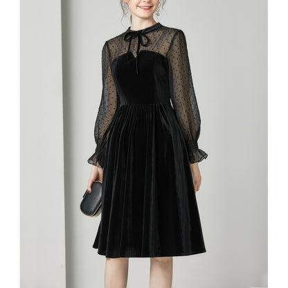 Velvet Mesh Dot Sleeve Black Midi Dress