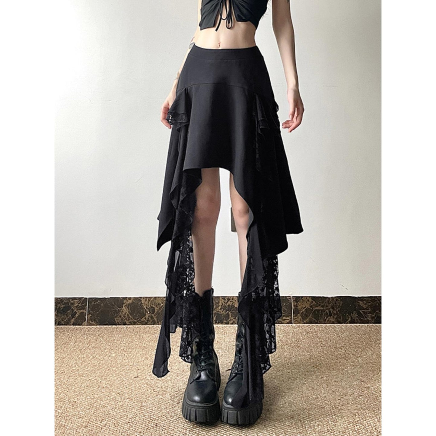 Asymmetrical Lace Trim Skirt