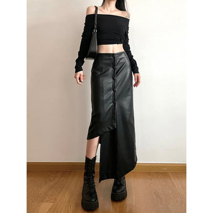 Asymmetrical Buttoned Leather Skirt