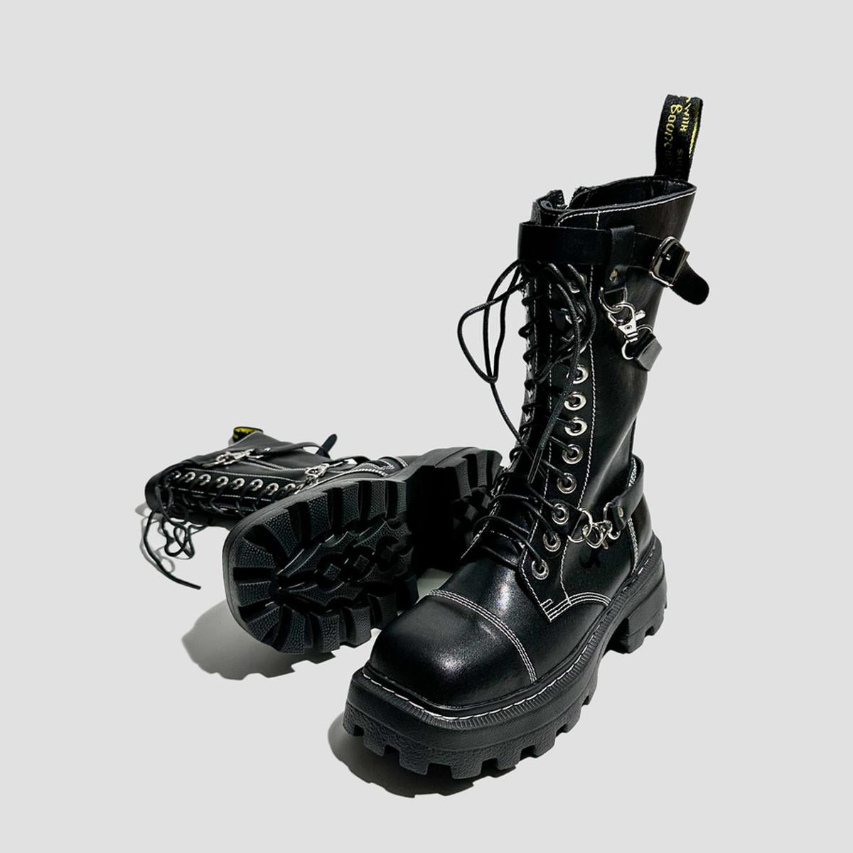 Black Chain Strap Combat Boots