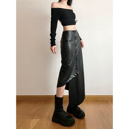 Asymmetrical Buttoned Leather Skirt