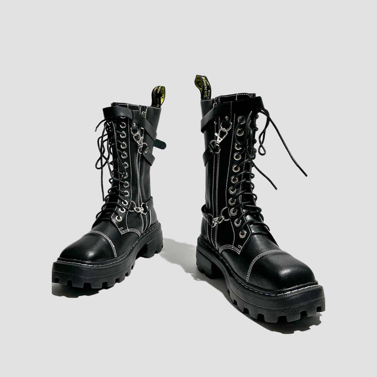 Black Chain Strap Combat Boots