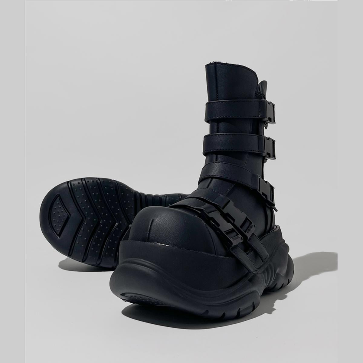 Black Multi-Buckle Platform Combat Boots