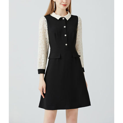Lace Sleeve Buttoned Black Dress