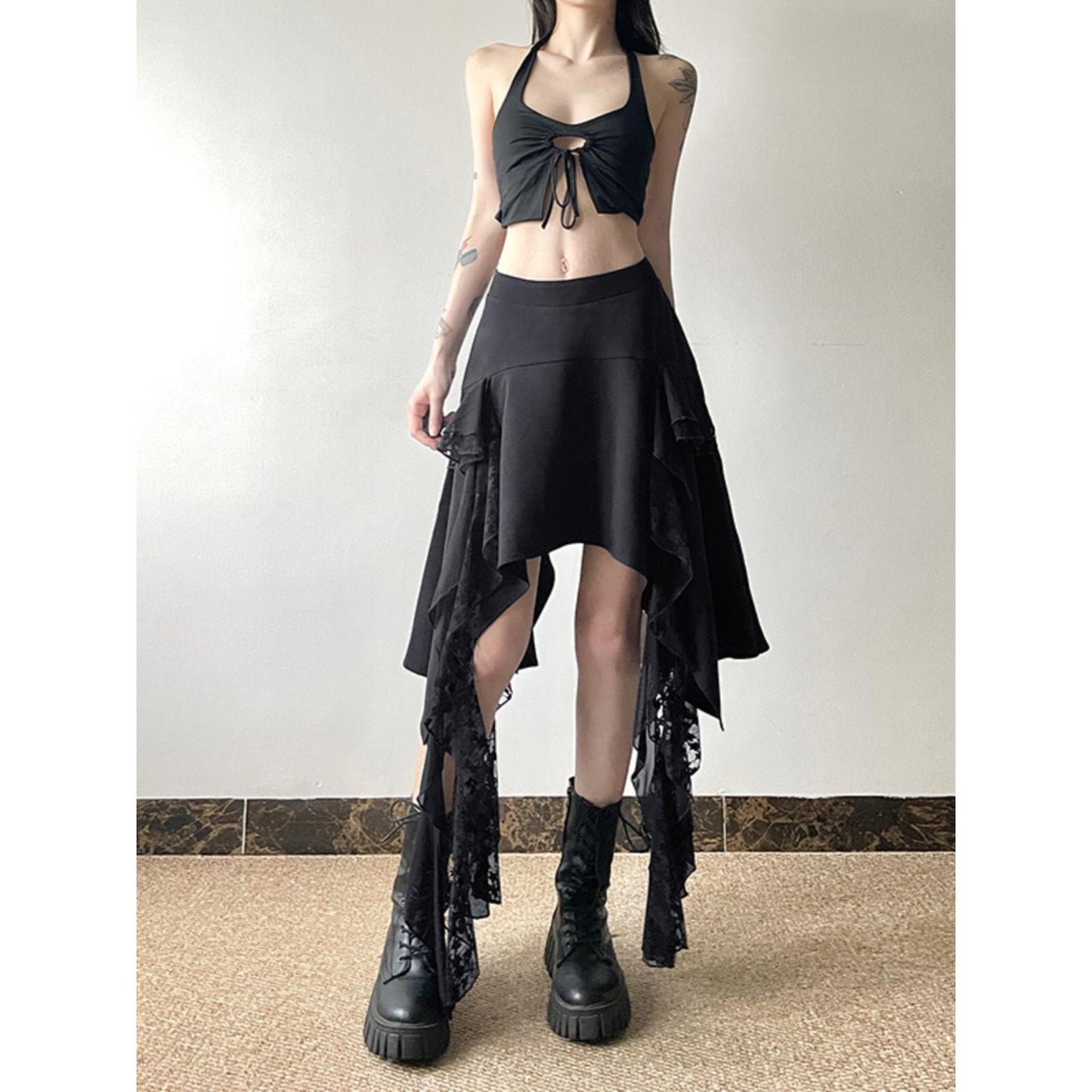 Asymmetrical Lace Trim Skirt