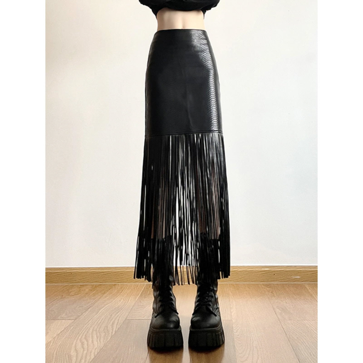 Fringe Faux Leather Skirt